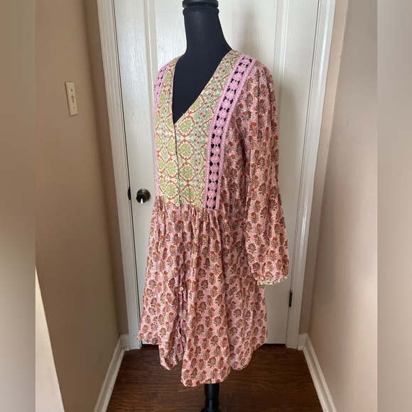 ZARA Rosie Crochet Trim Printed Maxi Dress Boho Pink Prairie Cotton Size XS - Picture 4 of 10